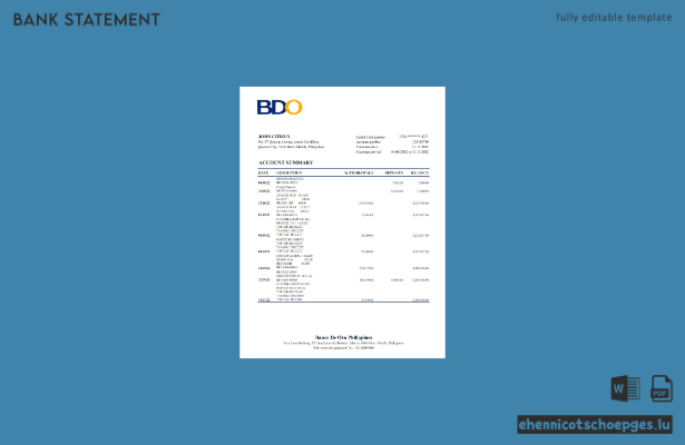 Beispiel für einen Kontoauszug der BDO Bank (Philippinen) in Excel (Vorschau)